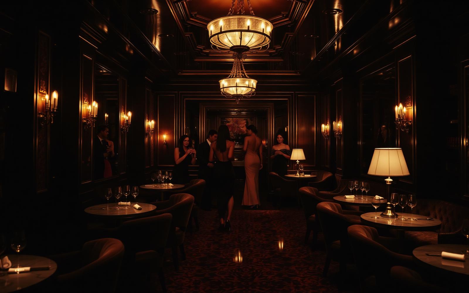 An intimate members' club salon with soft lamplight and velvet seating